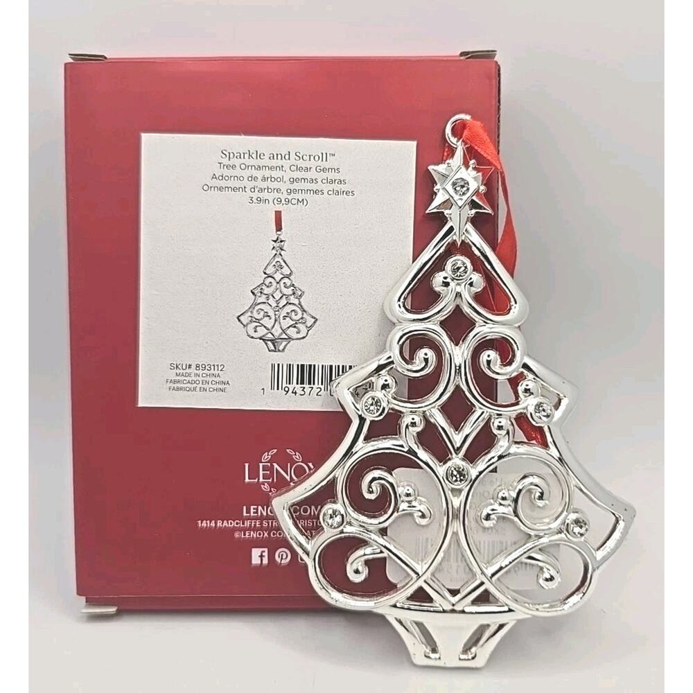 Lenox Tree Sparkle and Scroll Silver Clear Gems Christmas Ornament‎ NIB U81